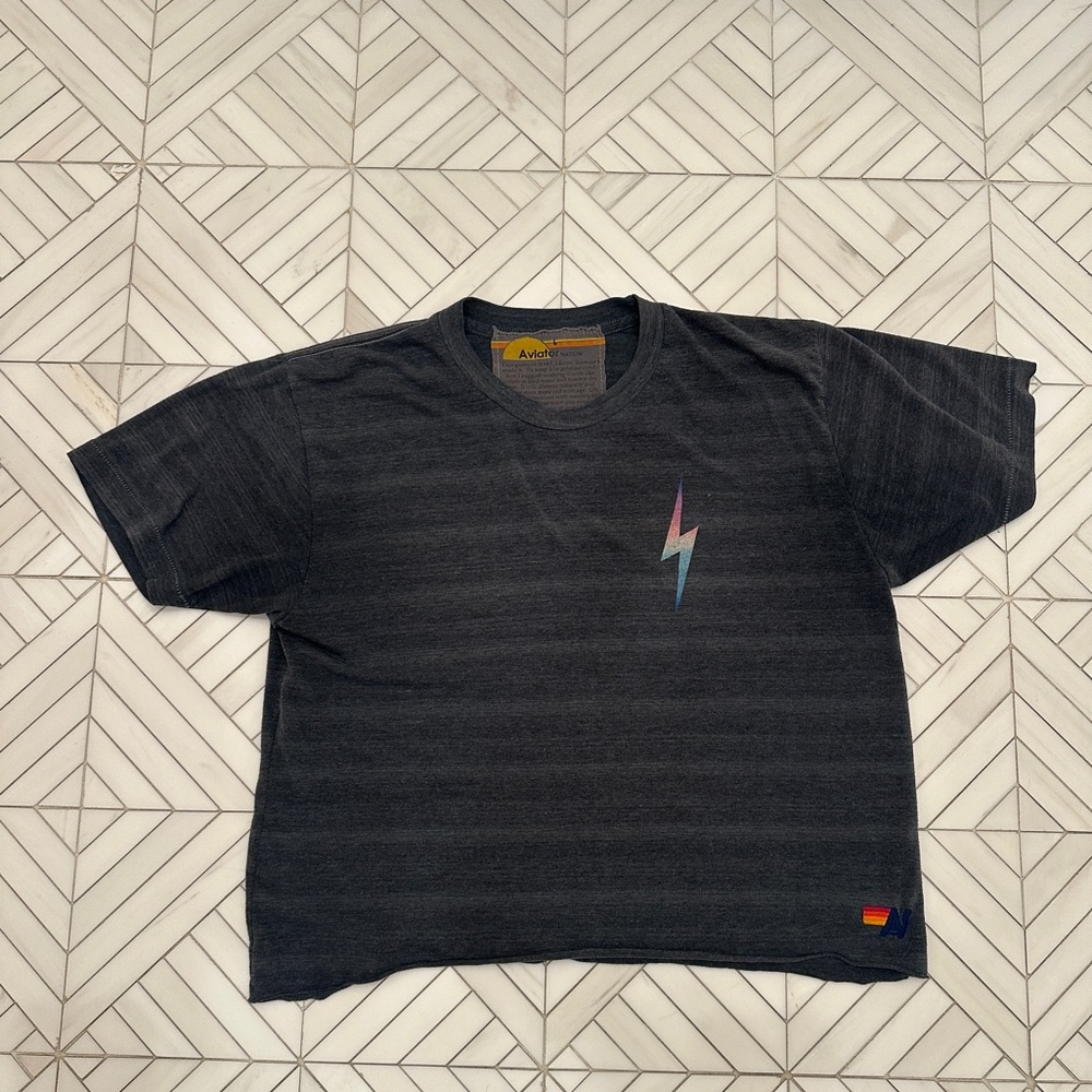AVIATOR NATION BOYFRIEND TEE IN CHARCOAL WITH SMALL LIGHTNING BOLT, SIZE LARGE